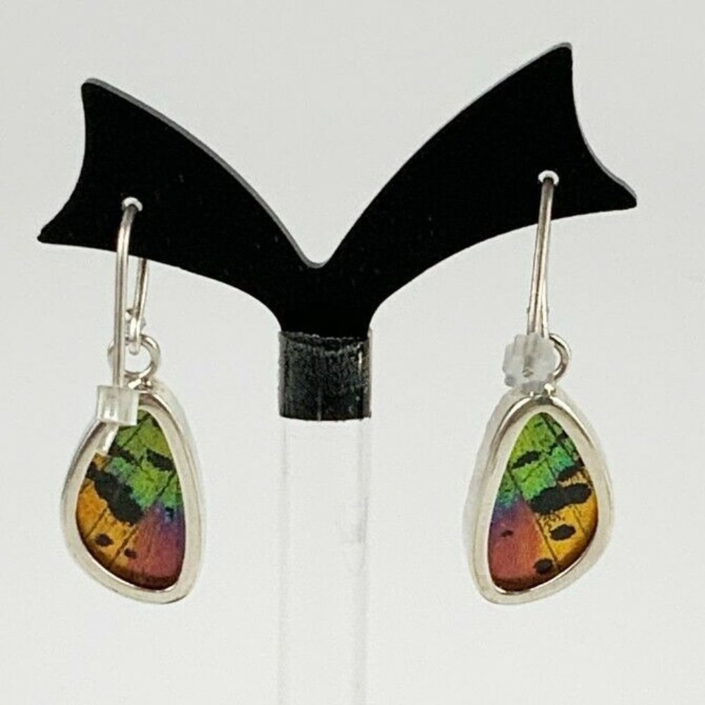 Reversible Sterling Silver Iridescent Butterfly Wing Drop Dangle Hook Earrings - Picture 2 of 5